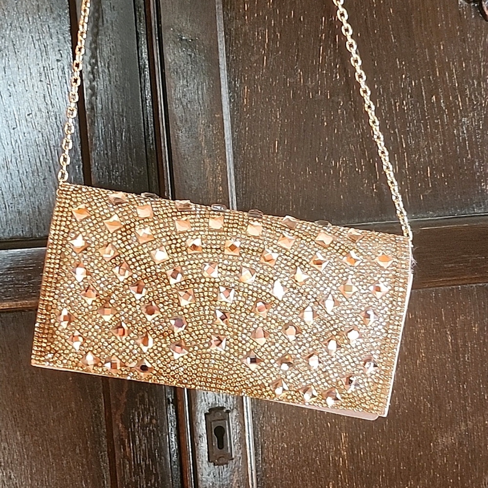 Evening Hand Bag, De Blossom, Gold Rhinestone design, removeable gold chain,